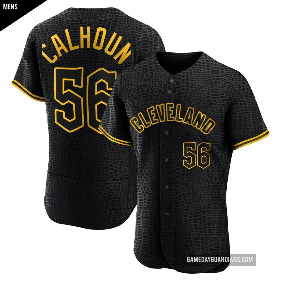Men's Cleveland Guardians ＃56 Kole Calhoun Authentic Black Snake Skin City Jersey