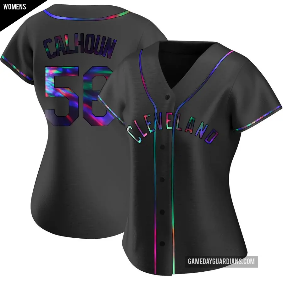 Women's Cleveland Guardians ＃56 Kole Calhoun Replica Black Holographic Alternate Jersey