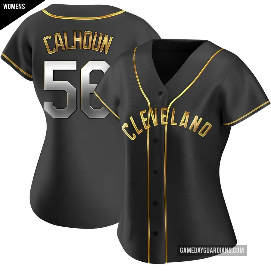 Women's Cleveland Guardians ＃56 Kole Calhoun Replica Gold Black en Alternate Jersey