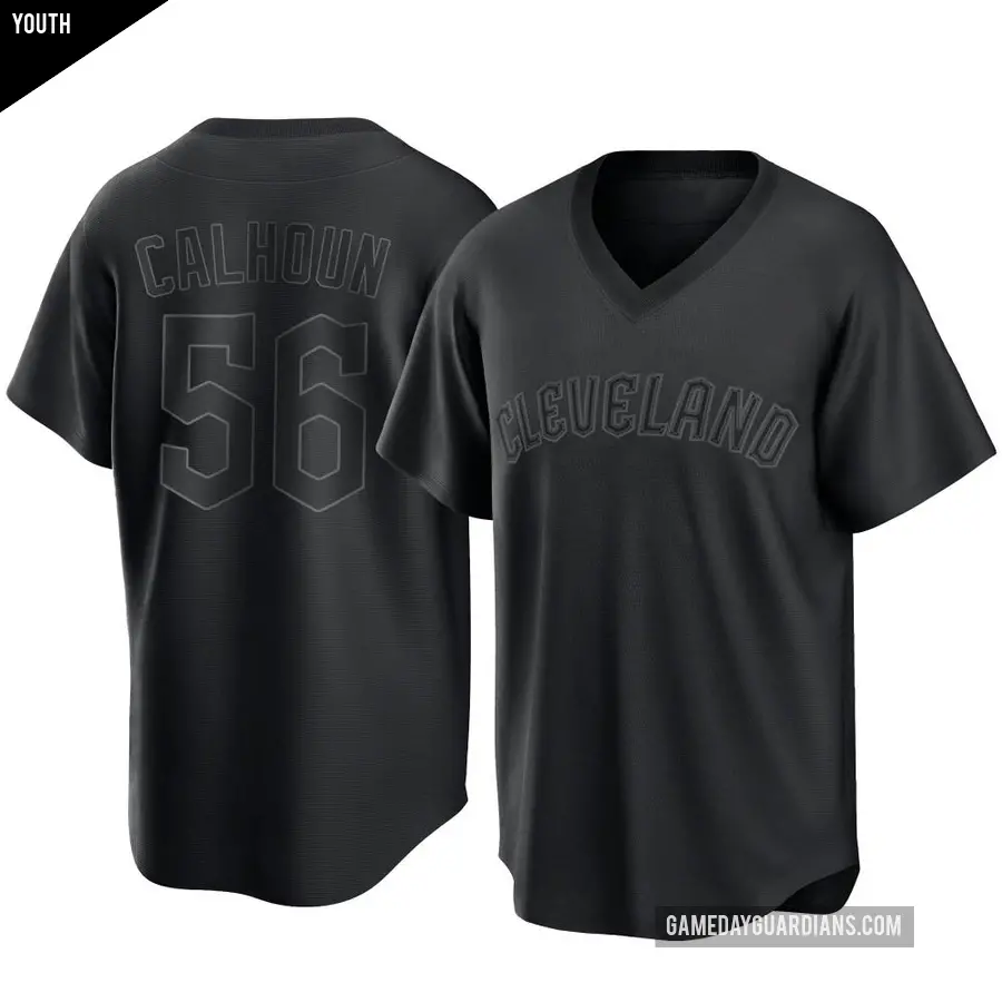 Youth Cleveland Guardians ＃56 Kole Calhoun Replica Black Pitch Fashion Jersey